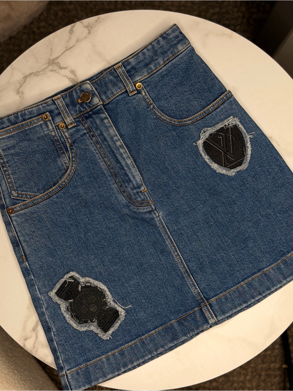 Louis Vuitton Blue Denim Mini Skirt with Monogram Patches